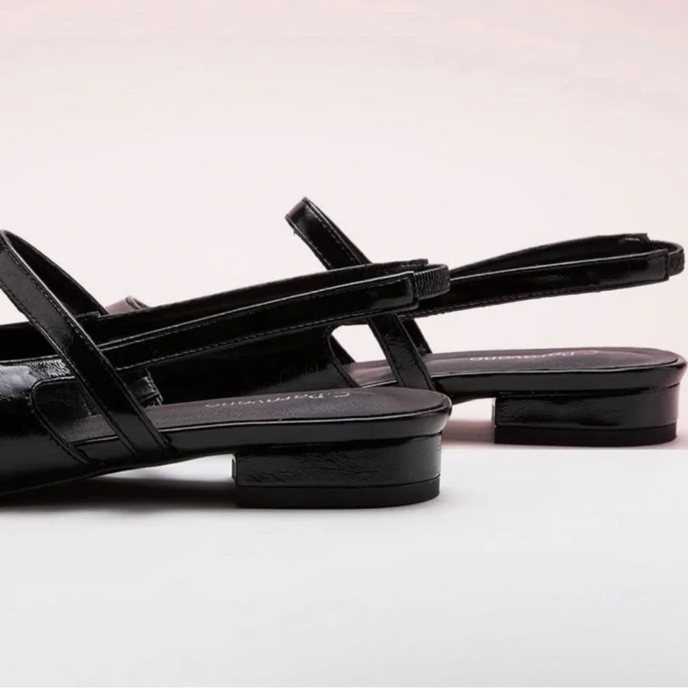 C. Paravano Freya Pointed Toe Slingback Flat Ankle Strap Patent Black 41 US 10.5